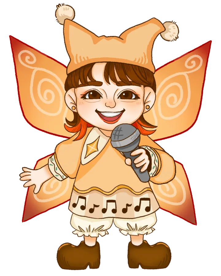 マイクを持つオレンジの妖精に変身したHIKARUnootoさんのイラスト