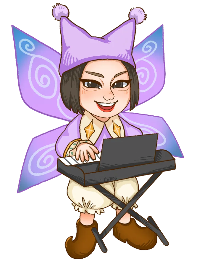 キーボードを弾く妖精に変身したみかこさんのイラスト