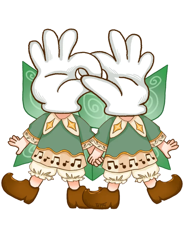 手話の手のかたちを掲げる2人の妖精に変身した手話バンド無限ホープのイラスト